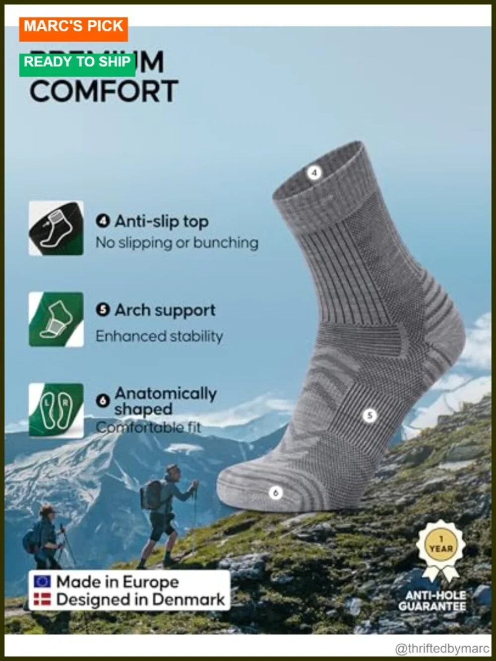 Lightweight Merino Wool Hiking Socks for Men & Women, 3 Pack